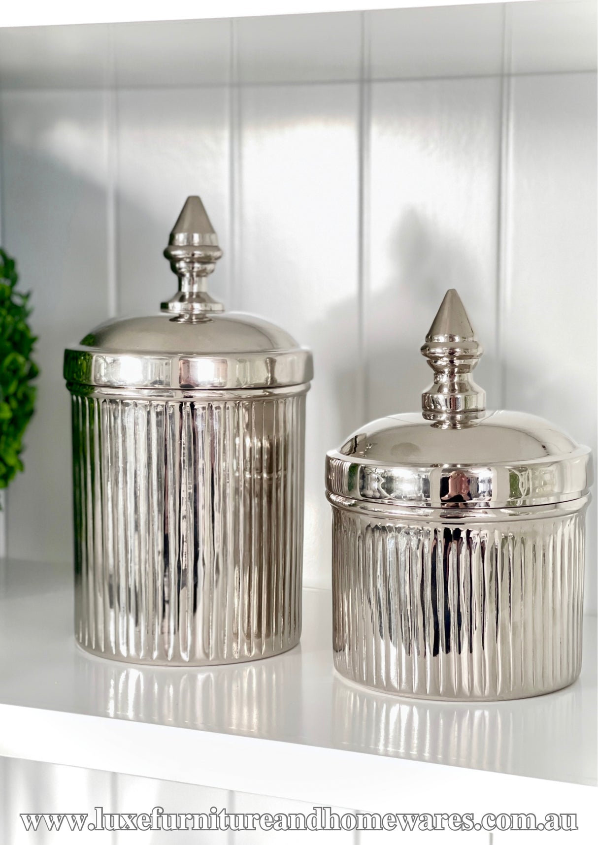 Set of Two Silver Ribbed Canisters