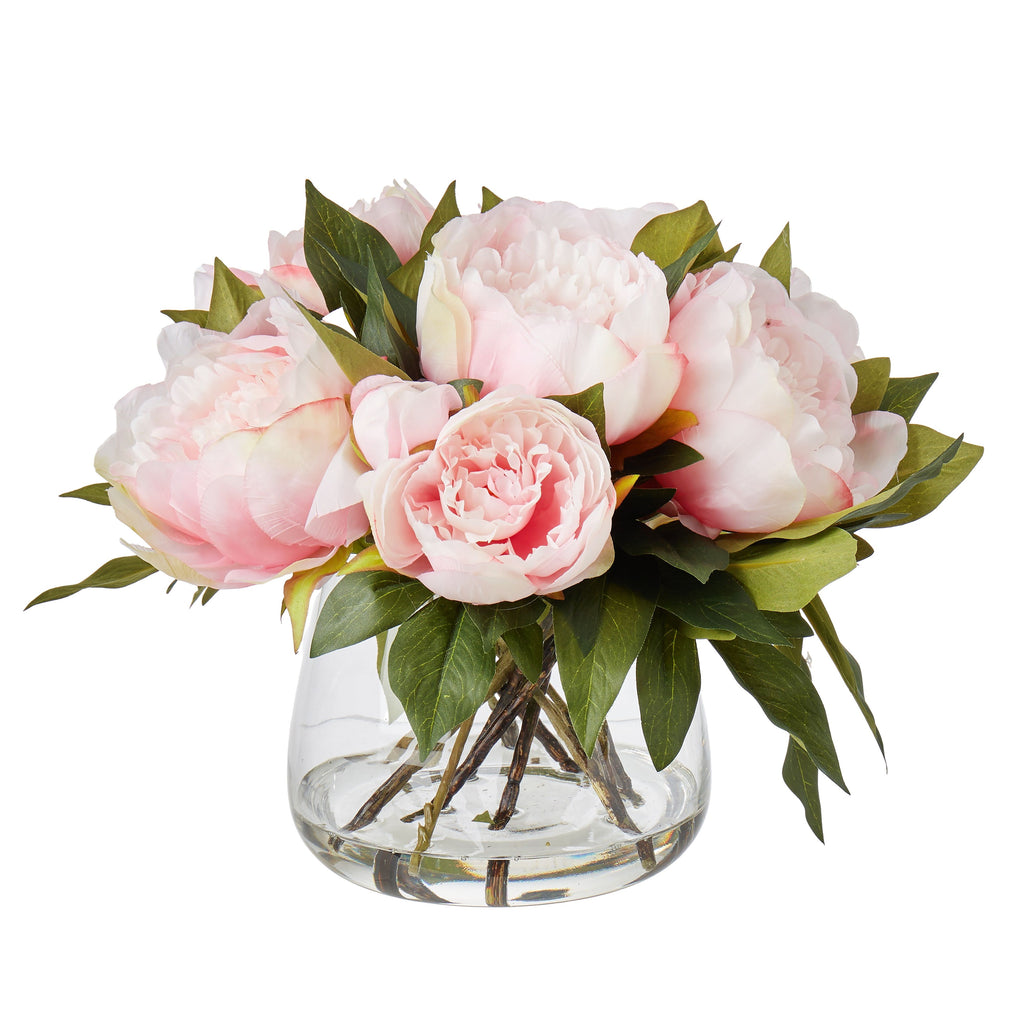 Light Pink Peony Set In Clear Glass Vase