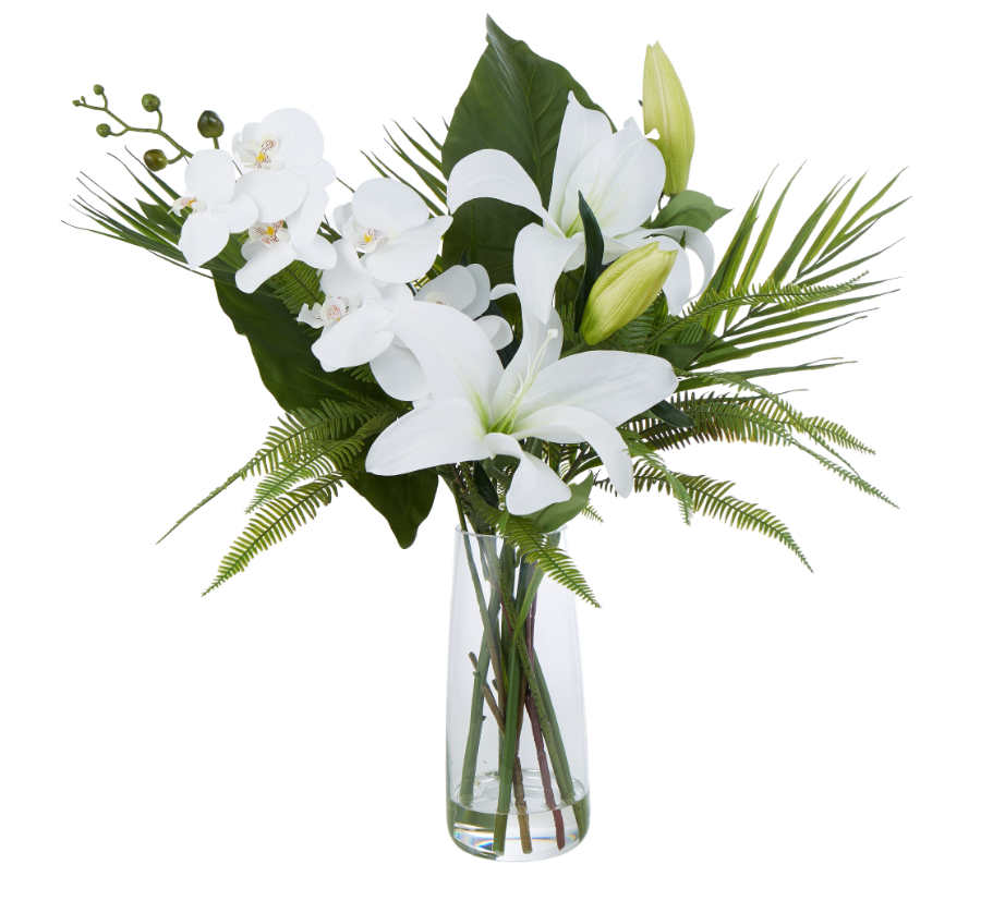 White Lily Arrangement in Glass Vase