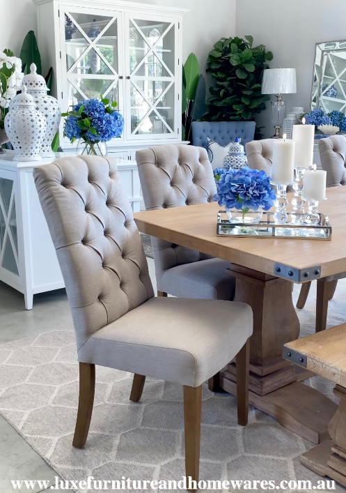 Set Of Six Beige Linen Button Tufted Straight Back Chairs