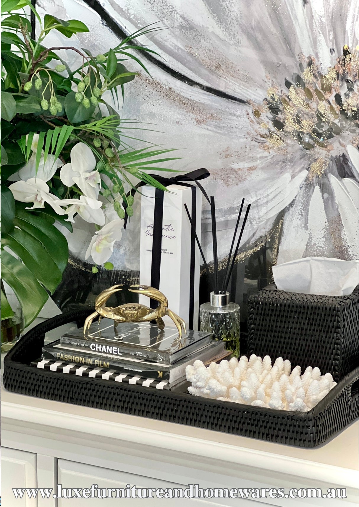 Black Rattan Tray With Arched Handles In Small