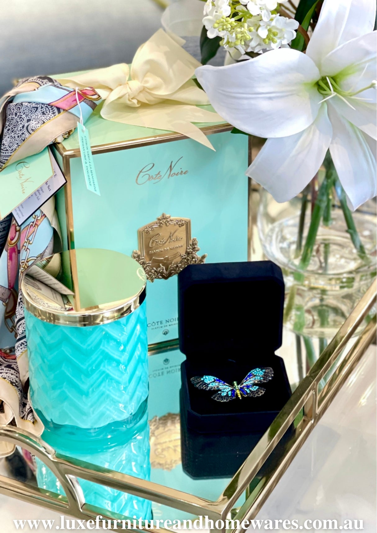 Cote Noire Tiffany Blue Butterfly Candle With Scarf & Brooch