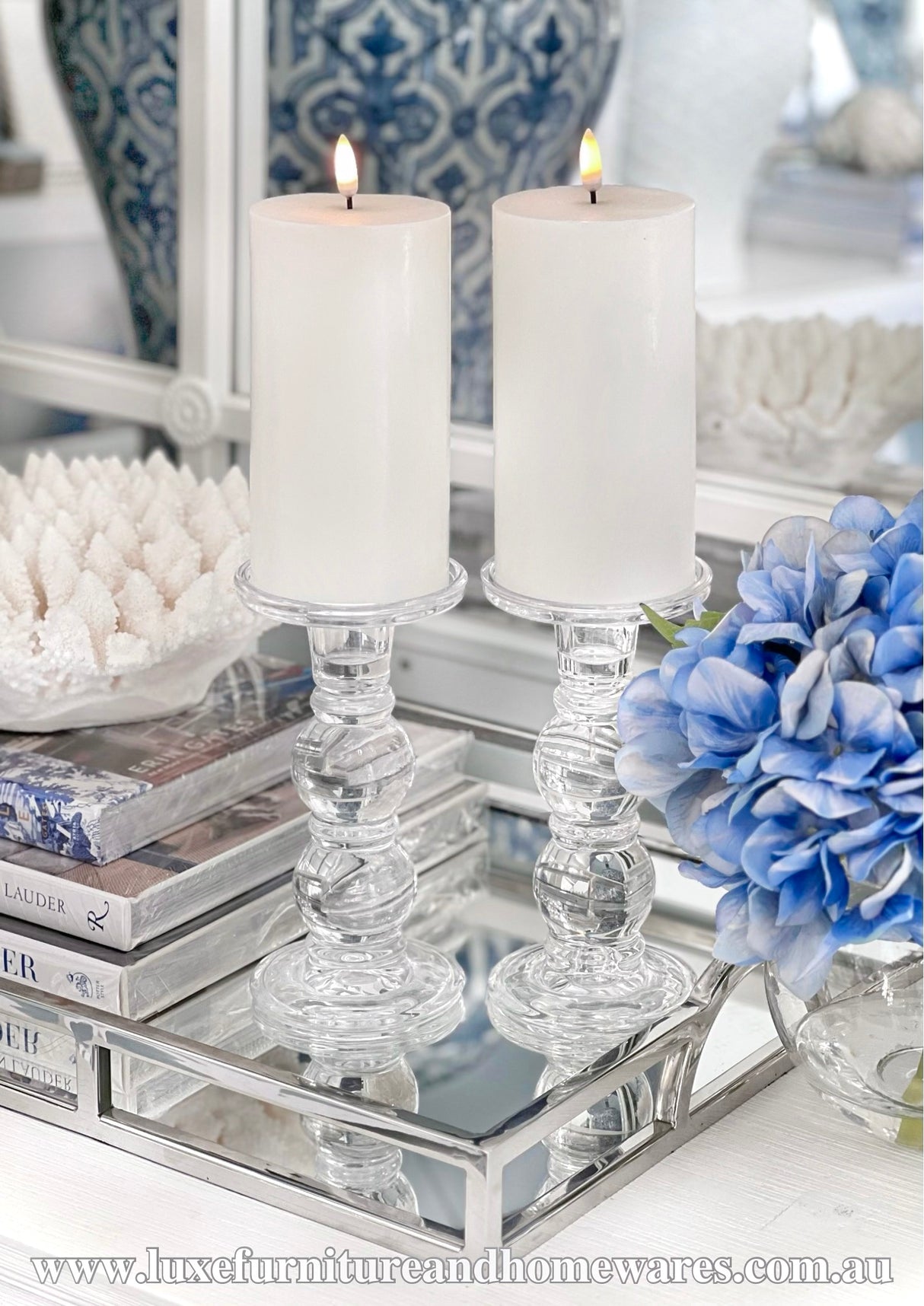 Set Of Two Medium Glass Candlesticks With Flameless Candles & Remote