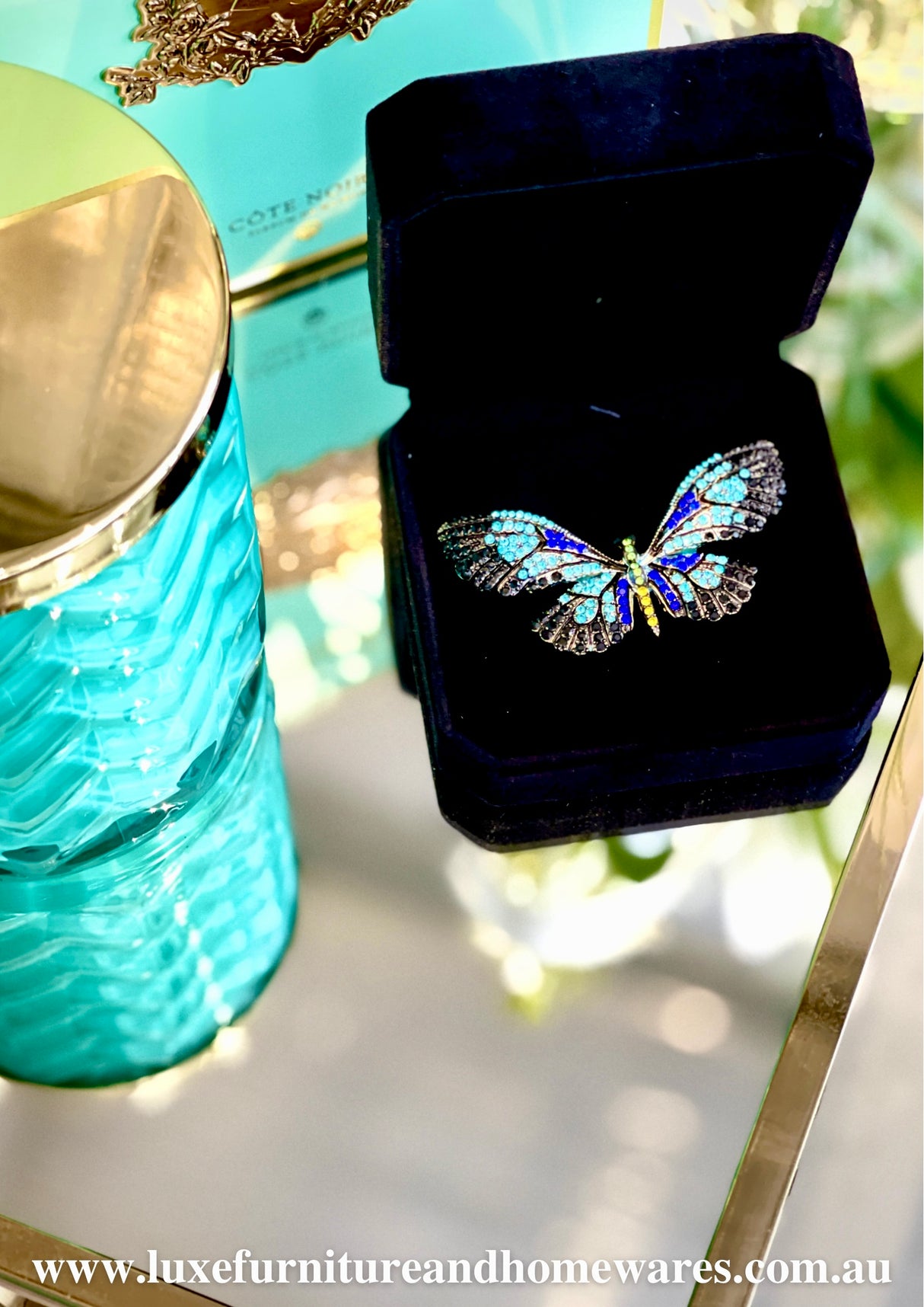 Cote Noire Tiffany Blue Butterfly Candle With Scarf & Brooch
