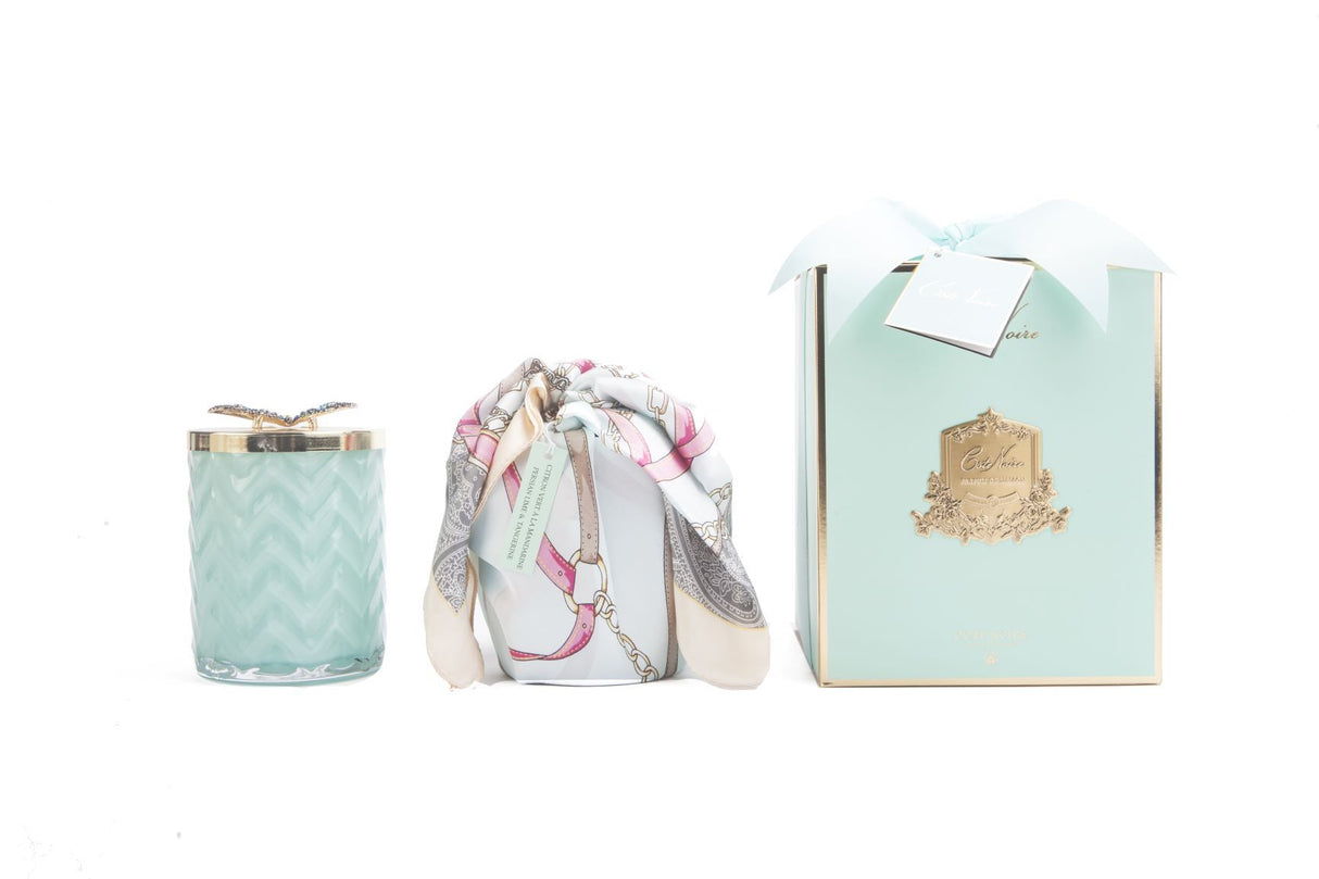 Cote Noire Tiffany Blue Butterfly Candle With Scarf & Brooch