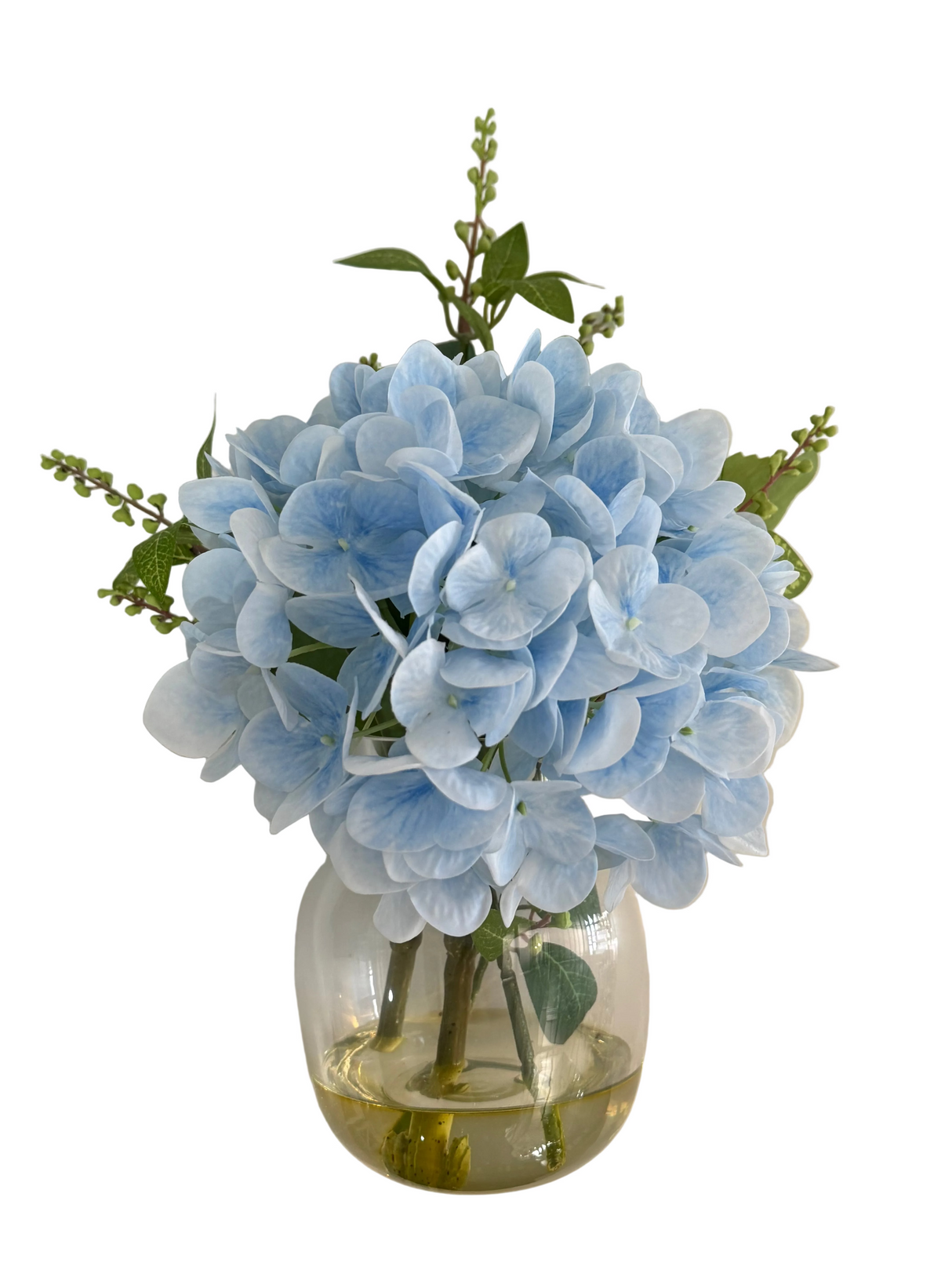 Ex-Display Small Blue Hydrangea And Berry Mix In Glass Vase