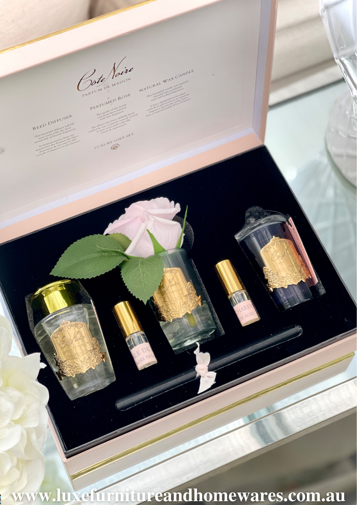 Cote Noire Charente Rose Gift Set With Candle, Diffuser & Scented Floral
