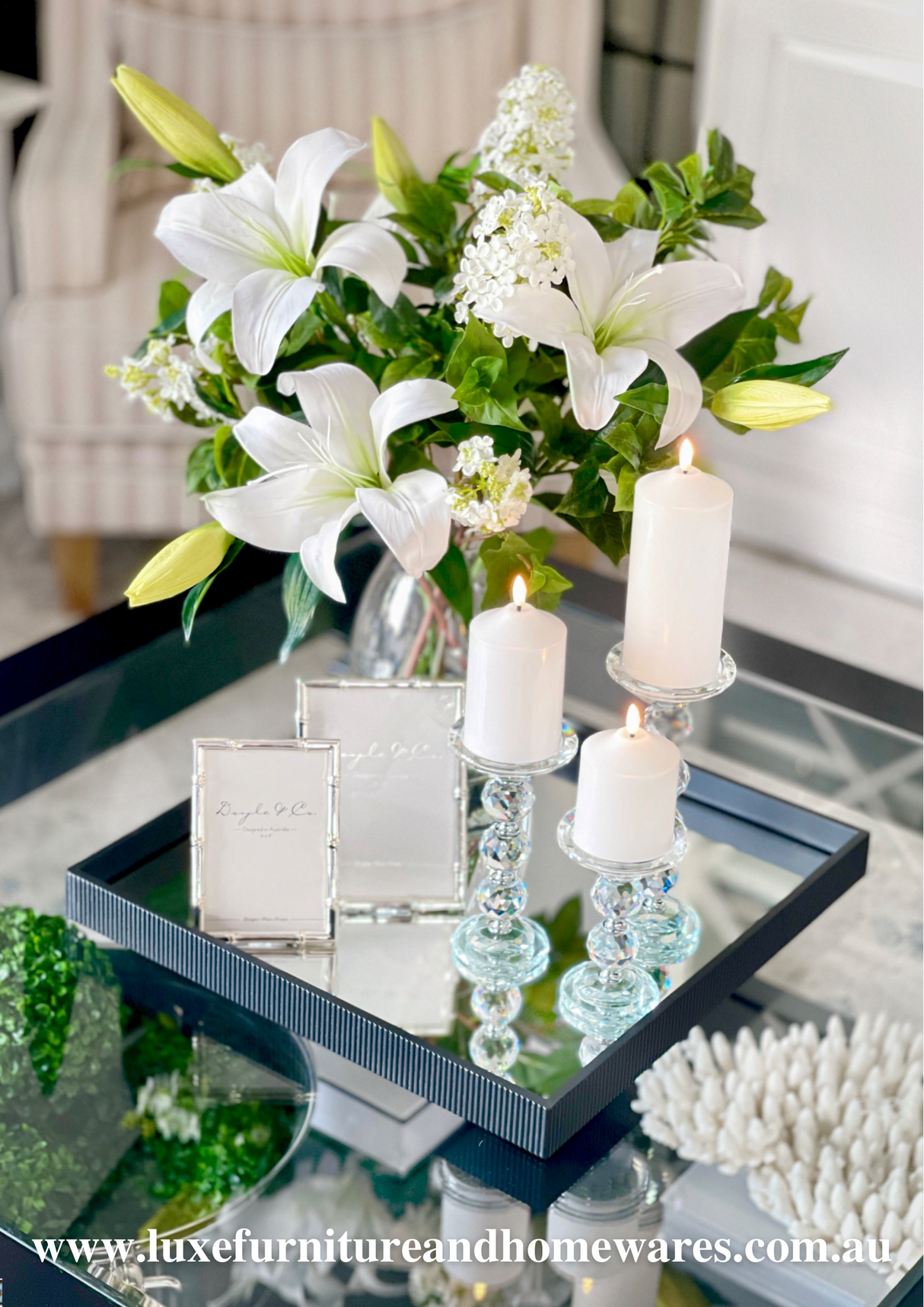 Set Of 3 Silver & Crystal Pillar Candle Sticks with LED Candles