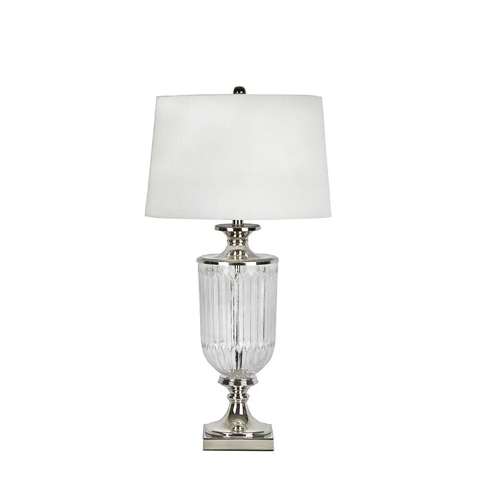 Luxurious Glass Nickel Lamp With White Linen Shade