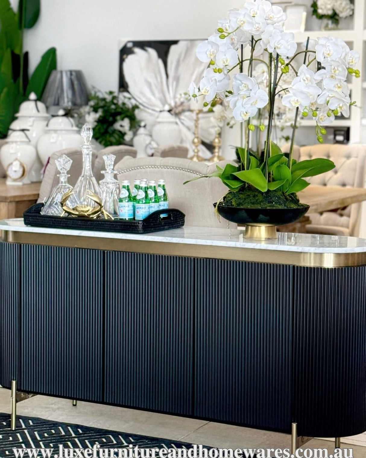 Large Orchid In Black And Gold Bowl