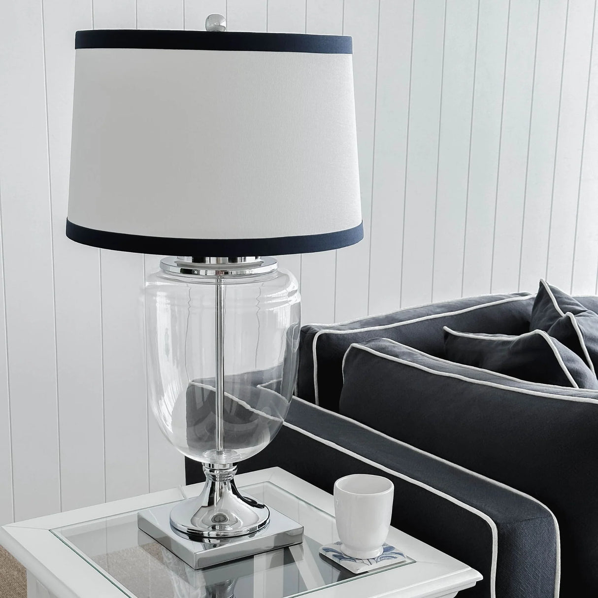 Bella Glass and Nickel Lamp with White Linen Shade and Navy Trim