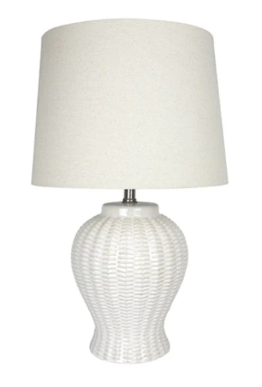 White Ceramic Basketweave Lamp with Natural Linen Shade