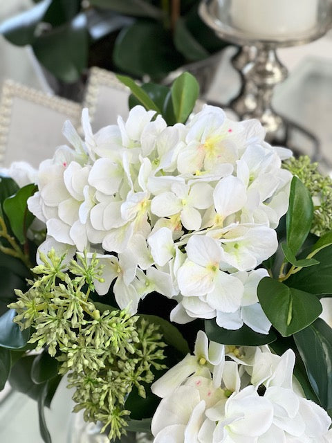 White Garden Hydrangea Mixed Arrangement In Glass Vase - SECONDS