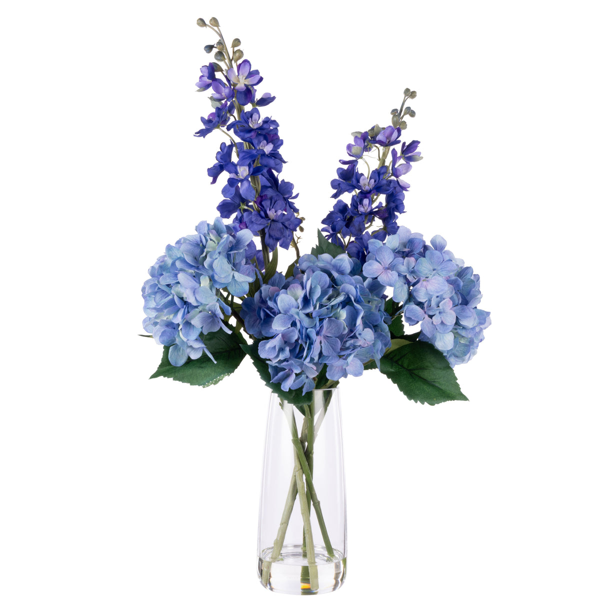 Tall Blue Delphinium & Hydrangea Arrangement In Glass Vase