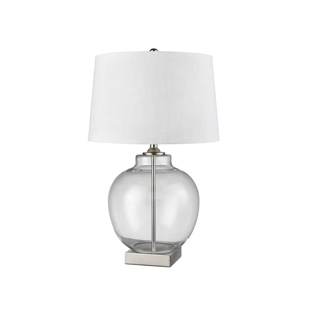 Round Glass and Nickel Lamp with White Linen Shade