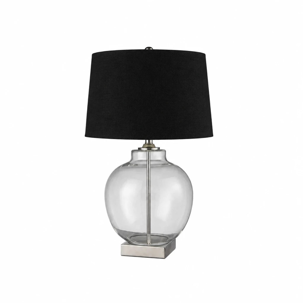 Round Glass and Nickel Lamp with Black Linen Shade