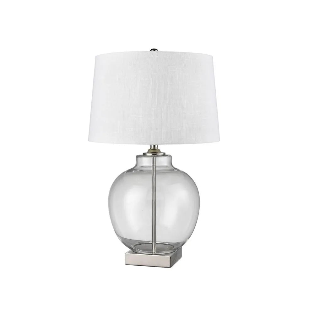 Round Glass and Nickel Lamp with White Linen Shade