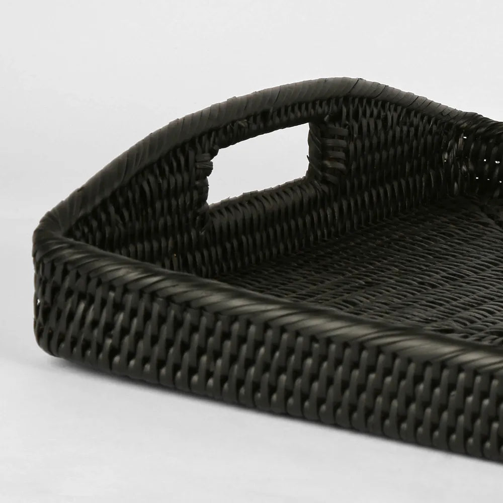 Black Rattan Tray With Arched Handles In Small