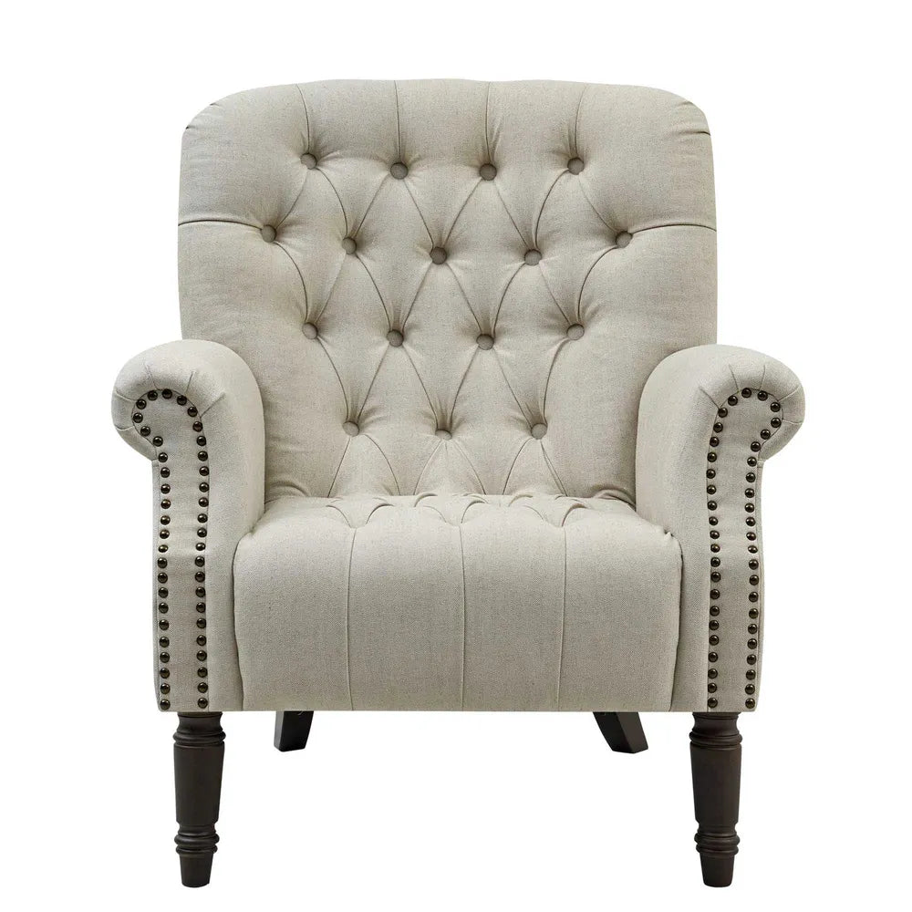 Natural Linen Button Tufted Armchair with Dark Stained Legs
