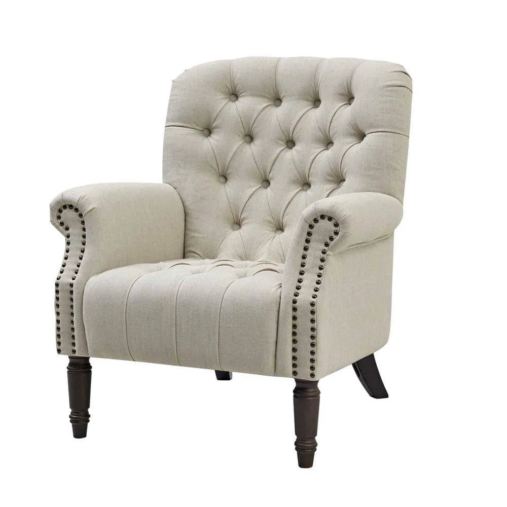Natural Linen Button Tufted Armchair with Dark Stained Legs