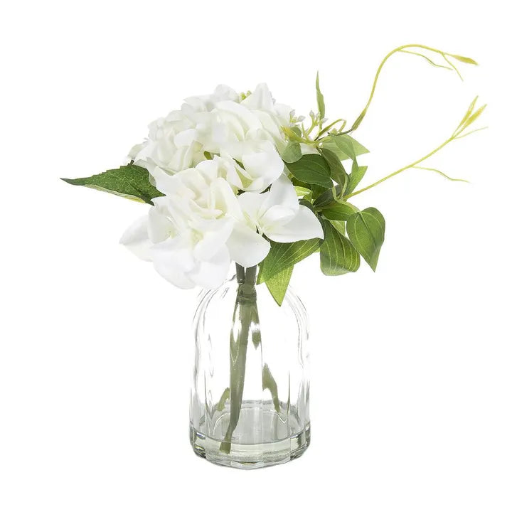 Small White Hydrangea In Glass Vessel