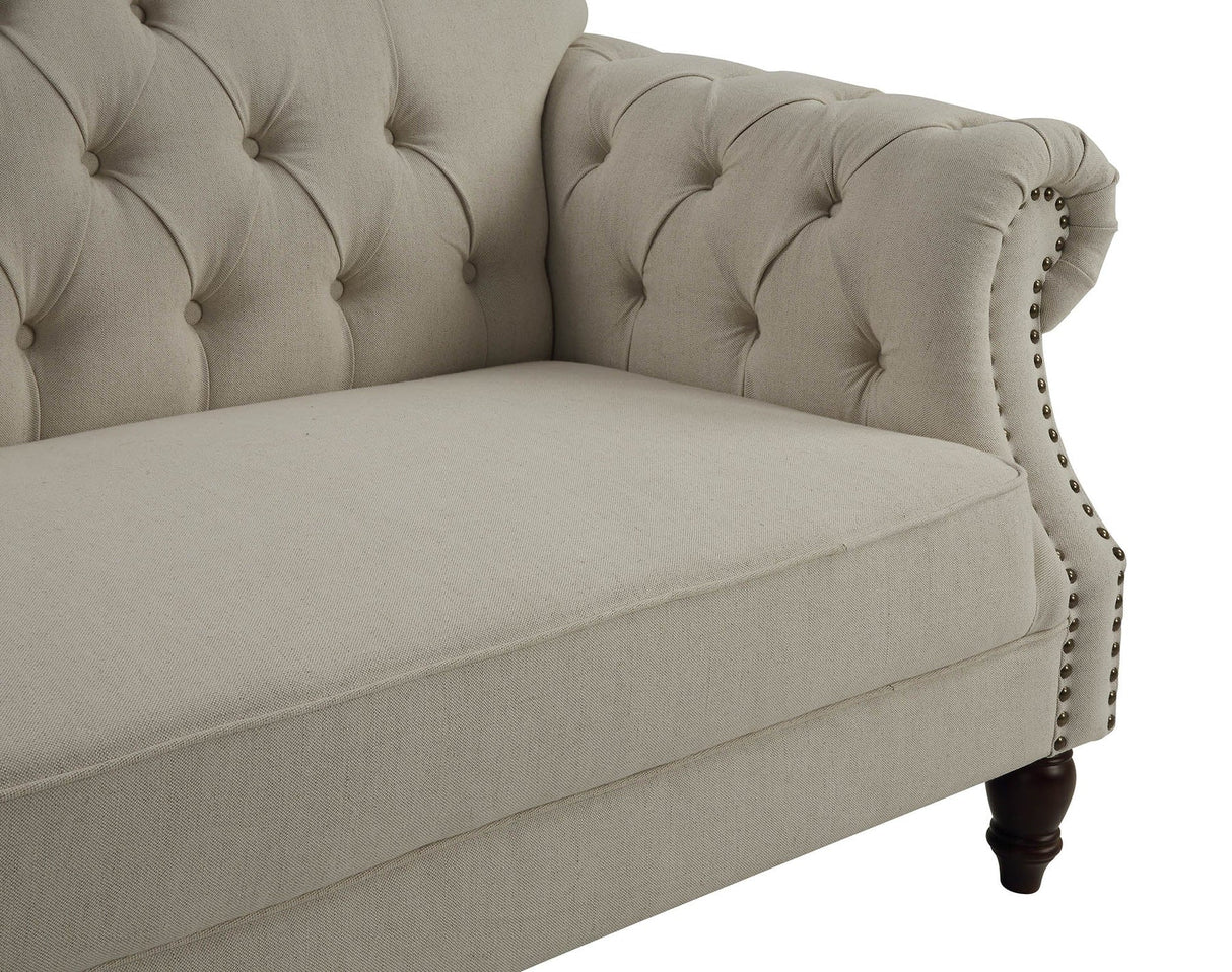 Beige Linen Chesterfield Three Seater Sofa With Studs