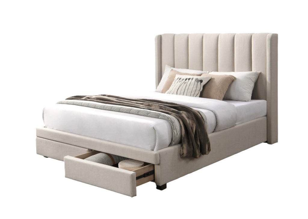 Plush Beige Upholstered Queen Size Bed Frame