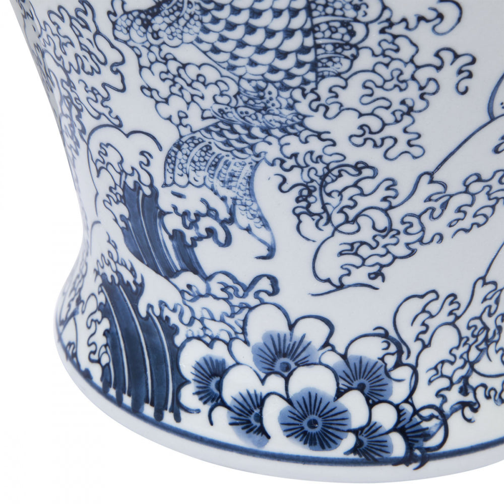 Blue & White Wave Lamp with White Linen Shade