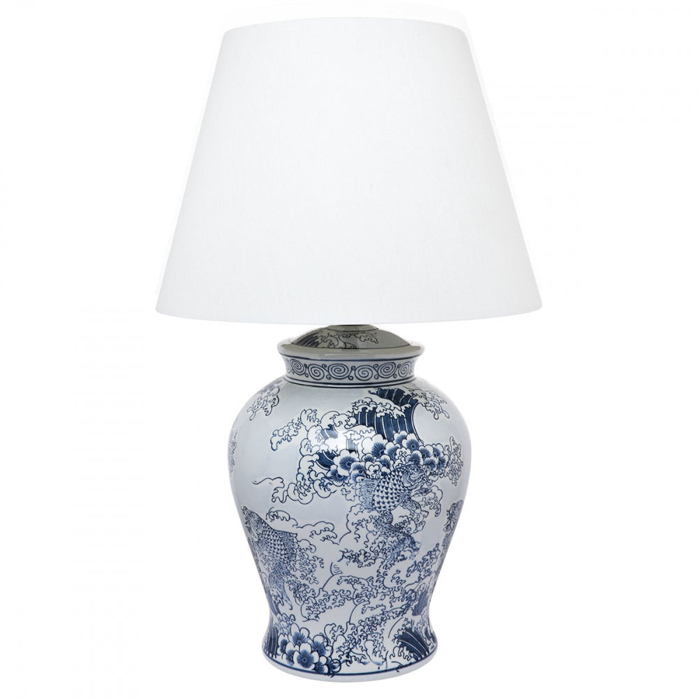 Blue & White Wave Lamp with White Linen Shade