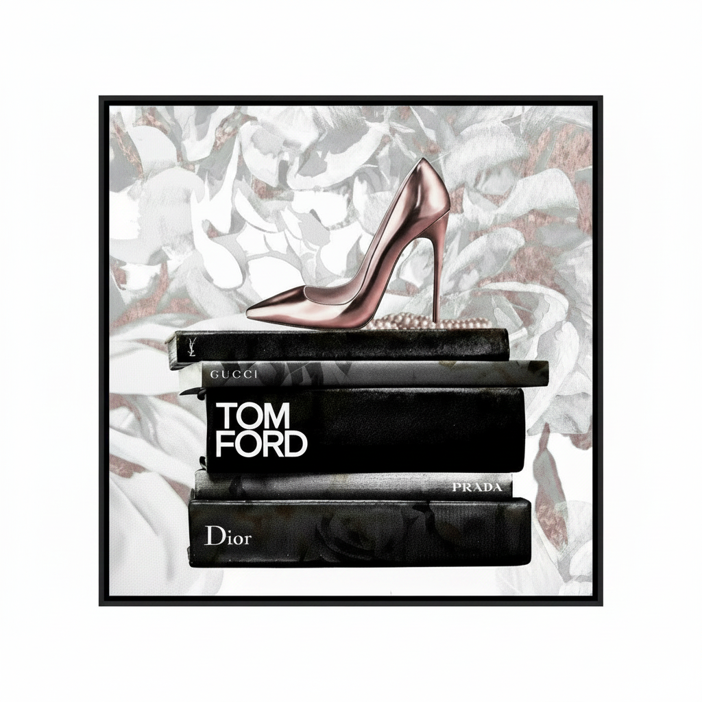 Ex-Display Extra Large Vintage Shoe Designer Glass Print In Black Gloss Frame