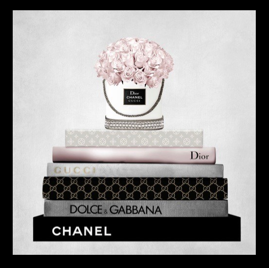 Small Fashion Stack Pink Roses Black Gloss Framed Designer Print