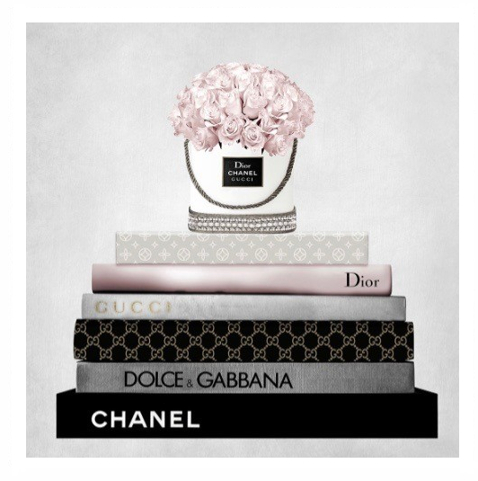 Small Fashion Stack Pink Roses White Gloss Framed Designer Print