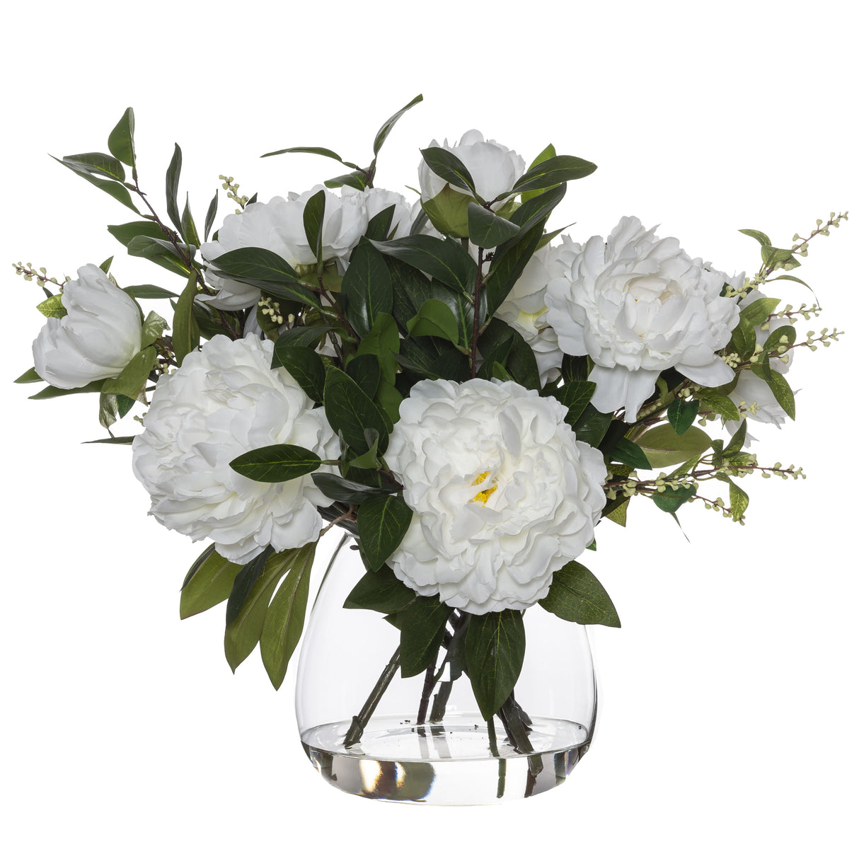 Large White Peony And Berry Mix In Clear Glass Vase