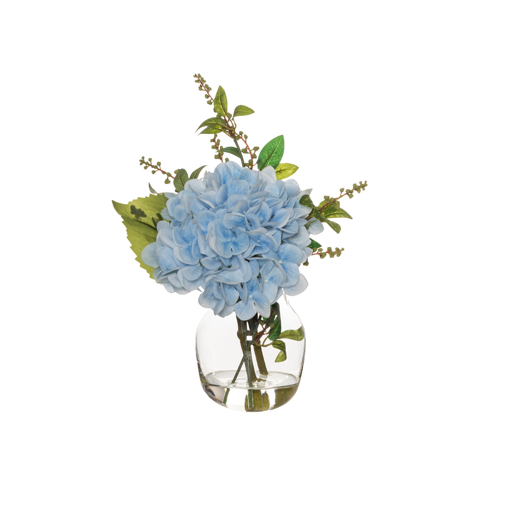 Small Blue Hydrangea And Berry Mix In Glass Vase