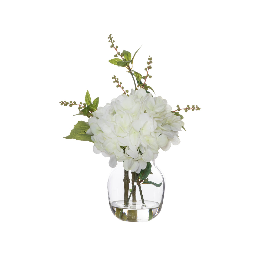 Small White Hydrangea And Berry Mix In Glass Vase