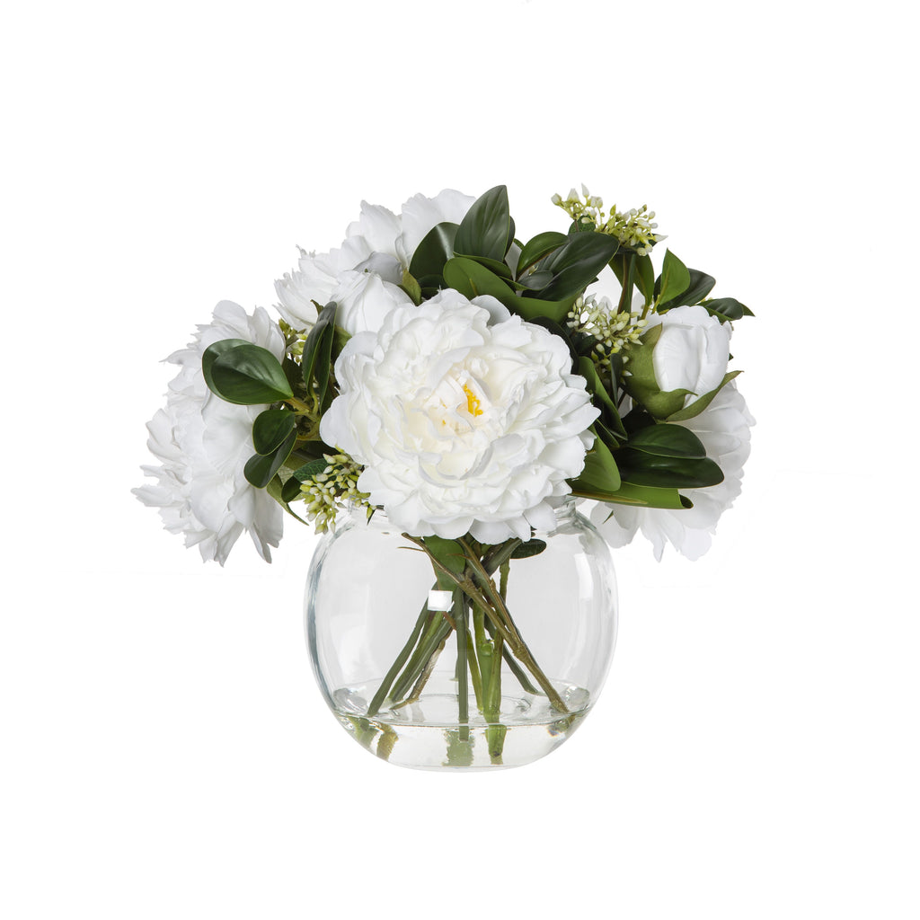 White Peony Mix In Thick Glass Bowl With Rim