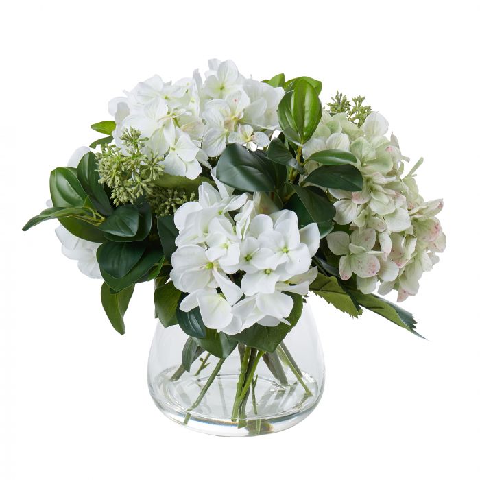 Ex-Display White Garden Hydrangea Mixed Arrangement In Glass Vase