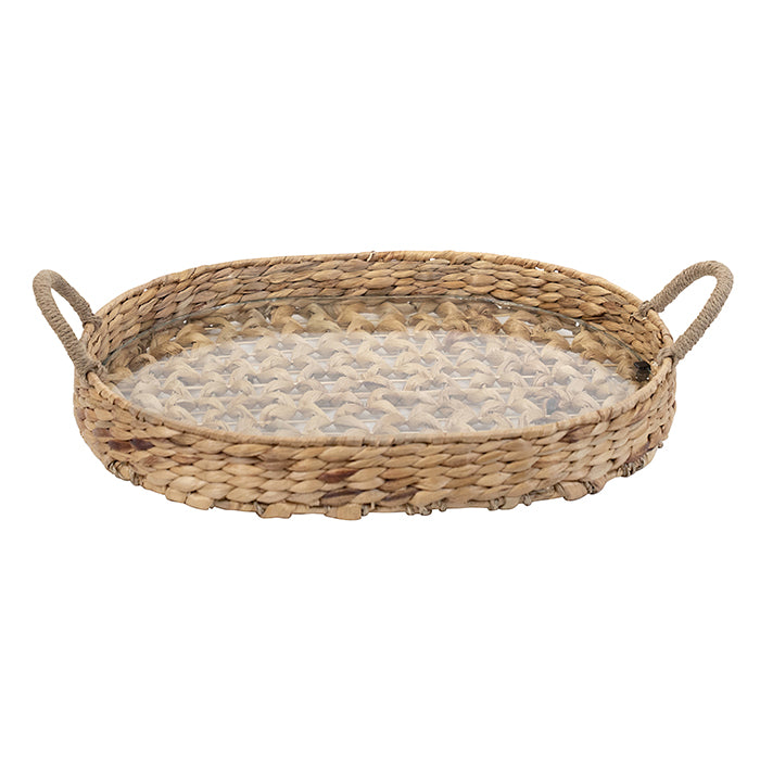 Oval Woven Tray With Handles and Glass Base