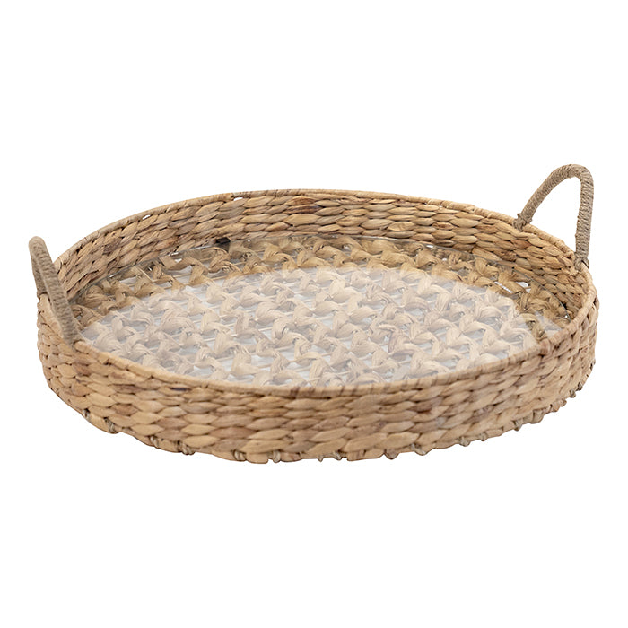 Round Woven Tray With Handles and Glass Base