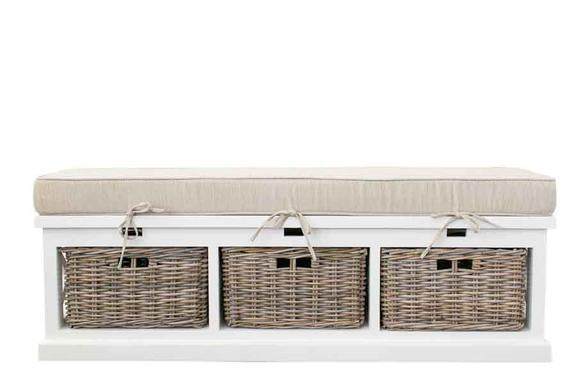 Ottoman Storage Seat With Cushion & Rattan Baskets