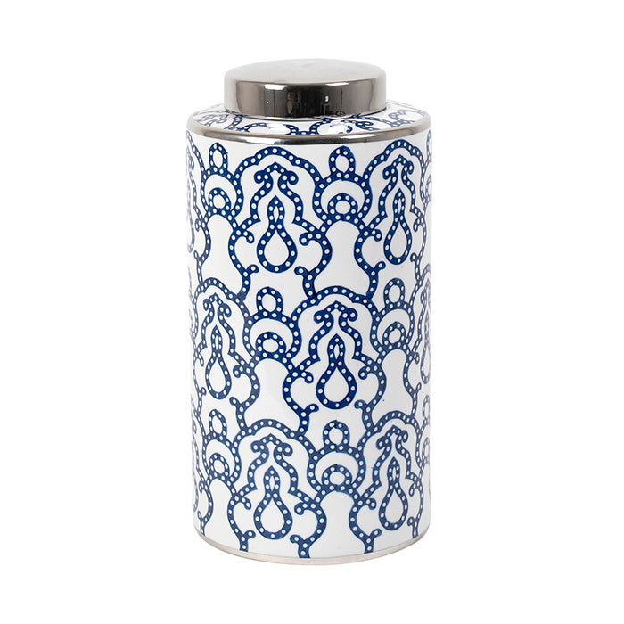 Blue & White Porcelain Jar With Silver Lid - Large