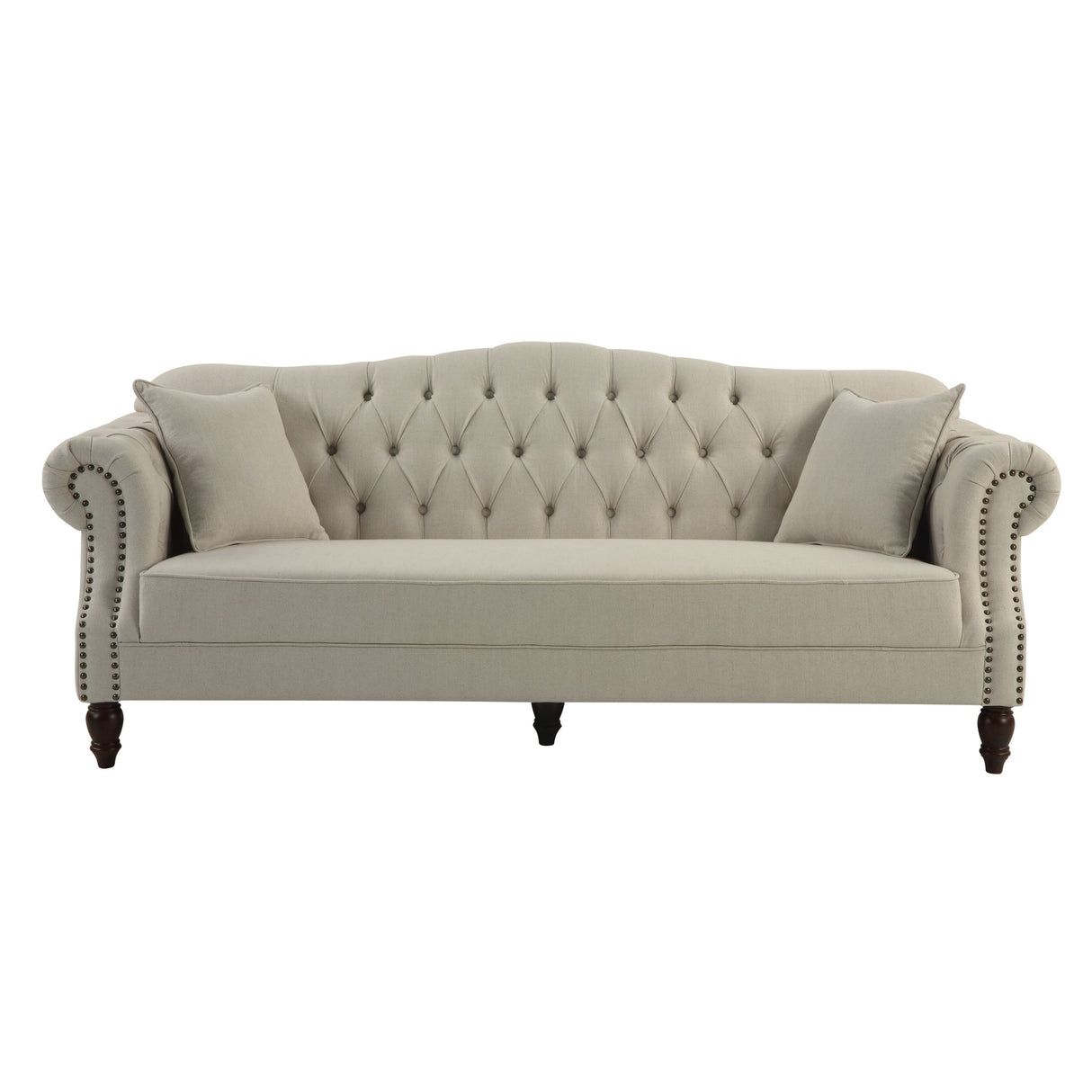 Beige Linen Chesterfield Three Seater Sofa With Studs