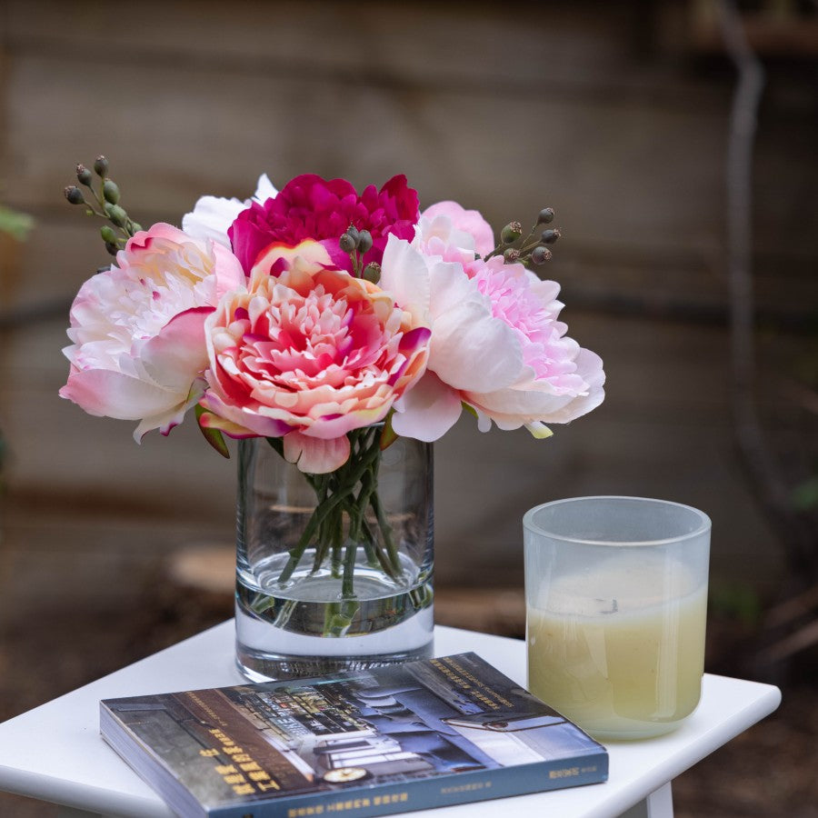 Mixed Pink Peony Arrangement In Clear Glass Vase