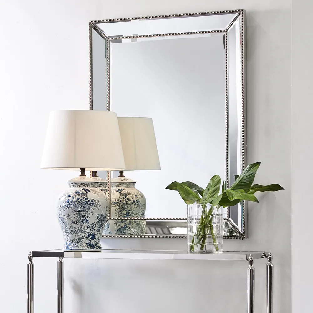 Large Beaded Wall Mirror In Antique Silver