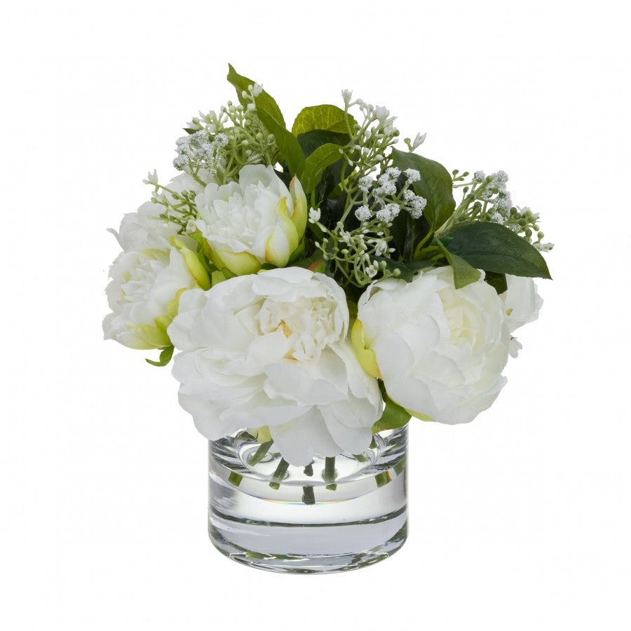 Mixed White Peony Arrangement In Clear Glass Vase