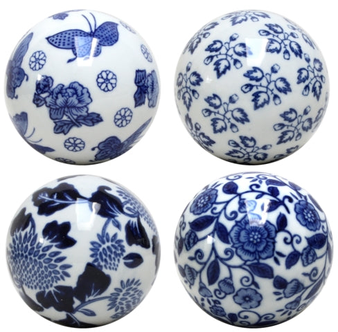 Blue & White Set of Four Floral Decorative Balls