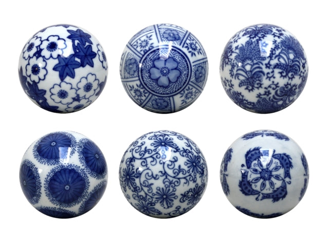Blue & White Set of Six Botanical Decorator Balls