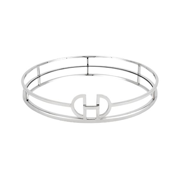 Large New York Round Silver Mirrored Tray