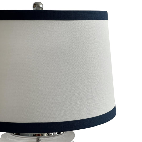 Bella Glass and Nickel Lamp with White Linen Shade and Navy Trim