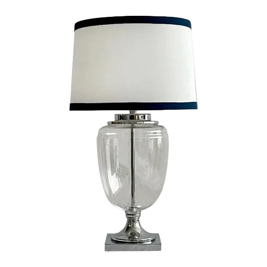 Bella Glass and Nickel Lamp with White Linen Shade and Navy Trim